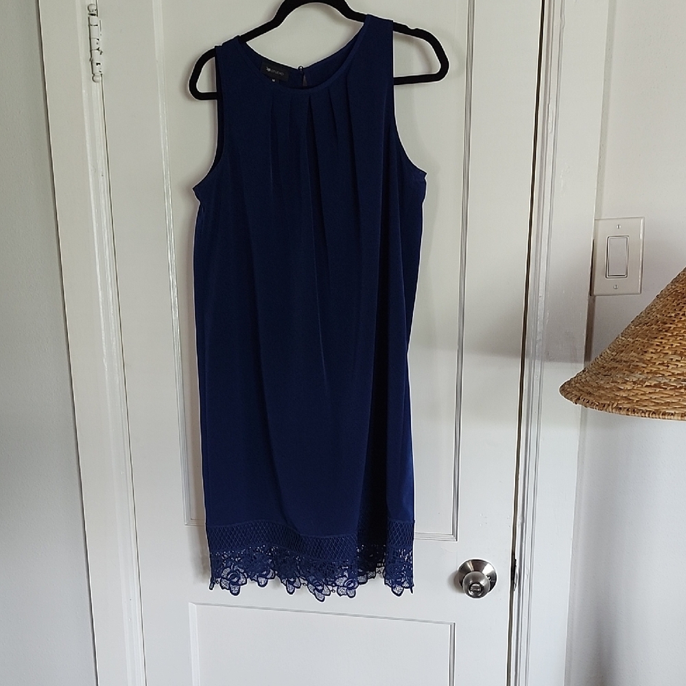 AB Studio Navy Sleeveless Midi Dress with Lace Hem